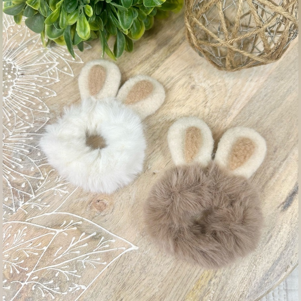 Fuzzy Bunny Ear Hair Ties - White and Brown